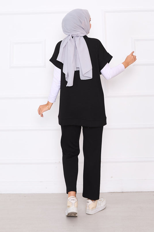 Ensemble gilet zippé brodé de pierres noir