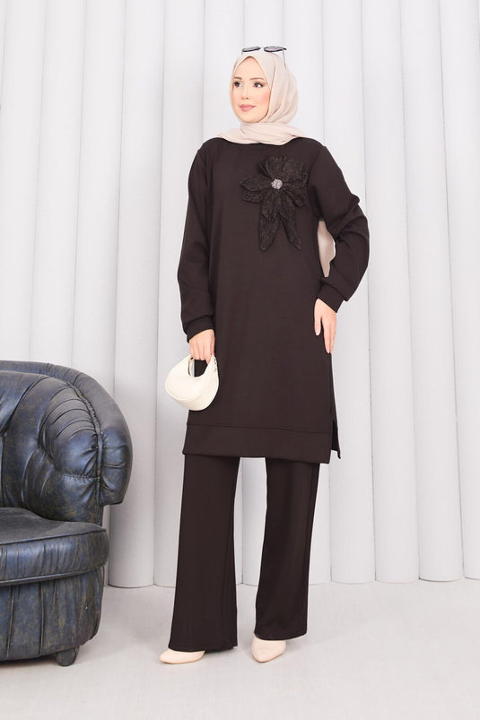 Stone Embroidered Embossed Floral Hijab Set Brown