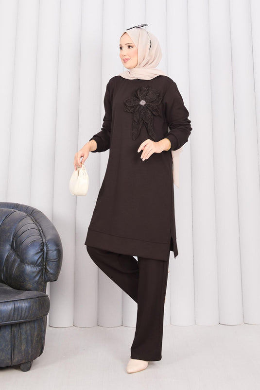 Stone Embroidered Embossed Floral Hijab Set Brown