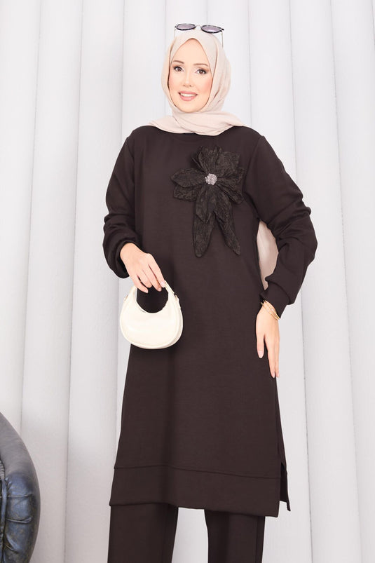 Stone Embroidered Embossed Floral Hijab Set Brown