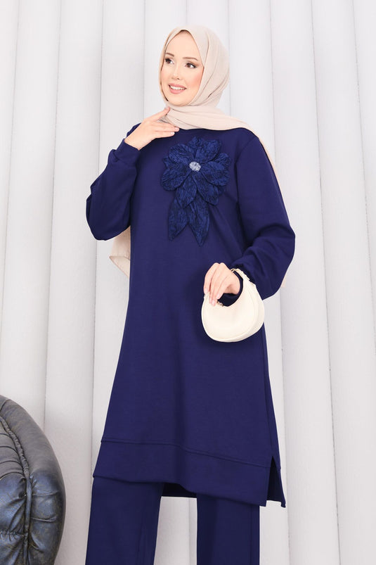Stone Embroidered Embossed Floral Hijab Suit Navy Blue