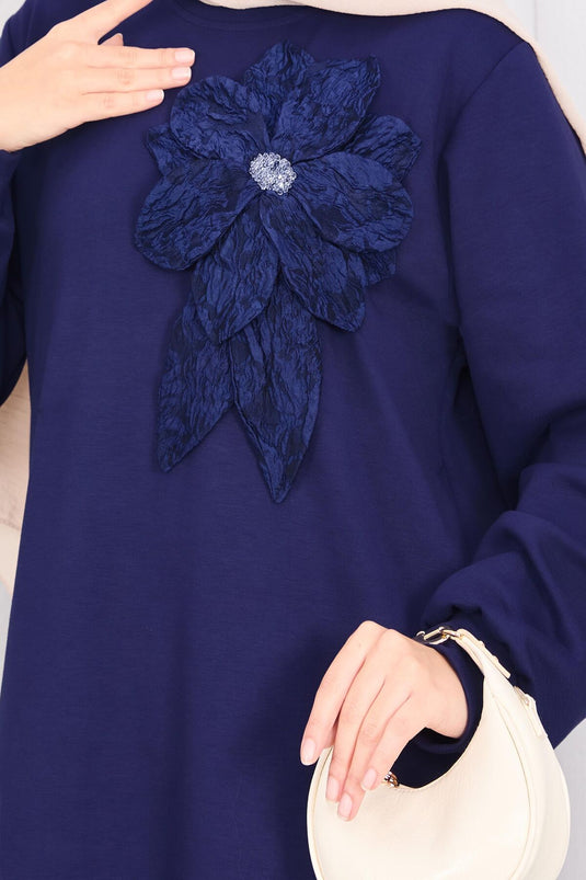 Stone Embroidered Embossed Floral Hijab Suit Navy Blue