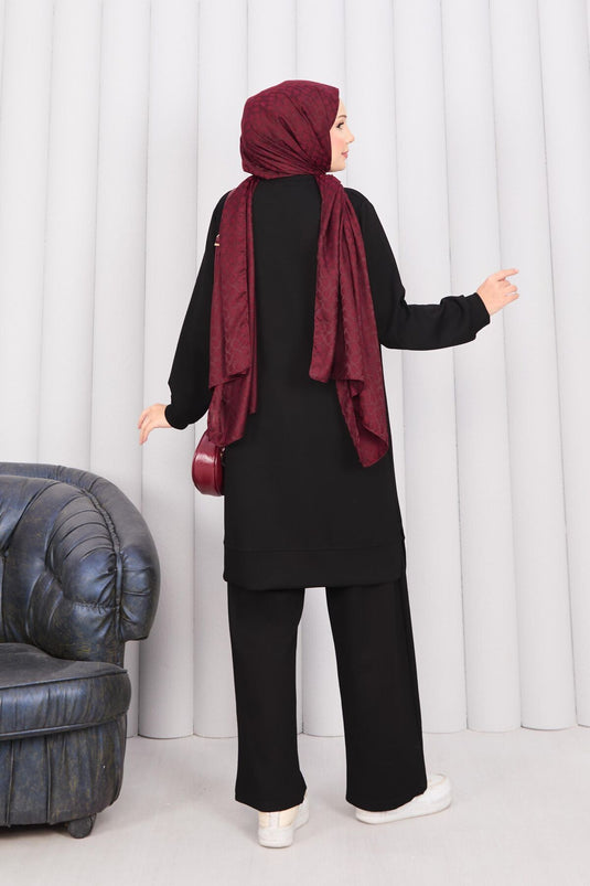 Embroidered Embossed Floral Modest Fashion Set Black