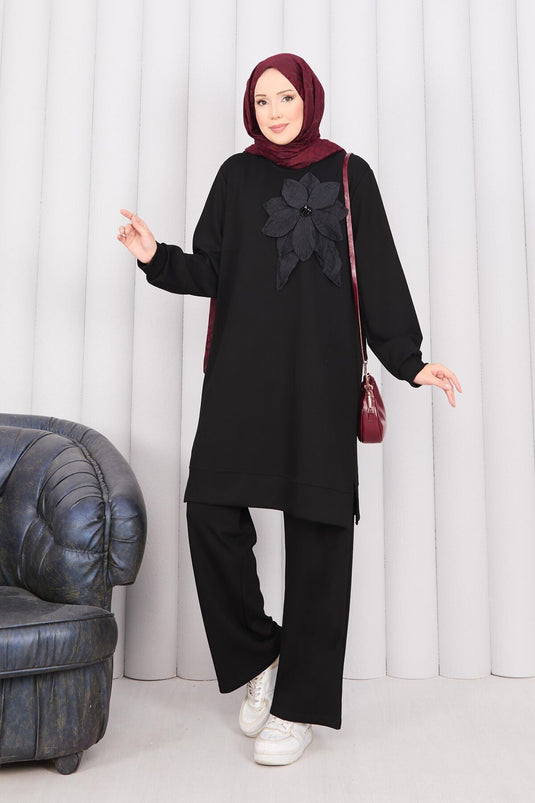 Embroidered Embossed Floral Modest Fashion Set Black