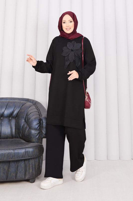 Embroidered Embossed Floral Modest Fashion Set Black