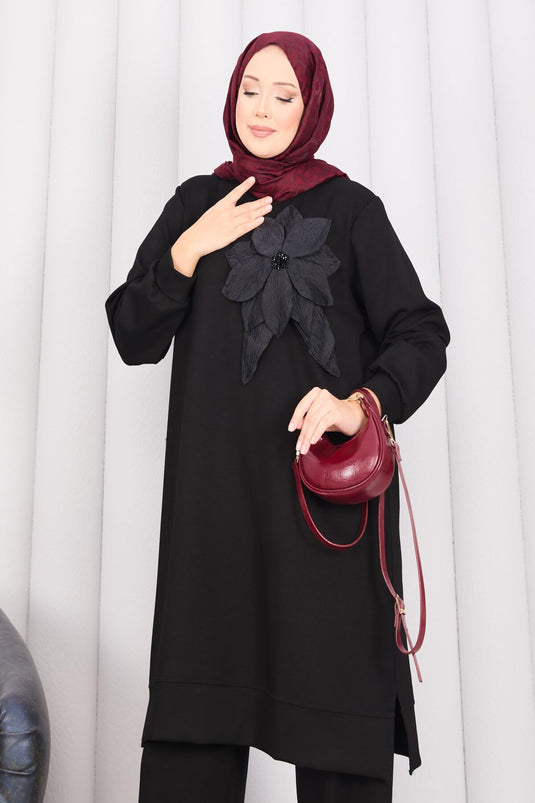 Stone Embroidered Embossed Floral Hijab Set Black