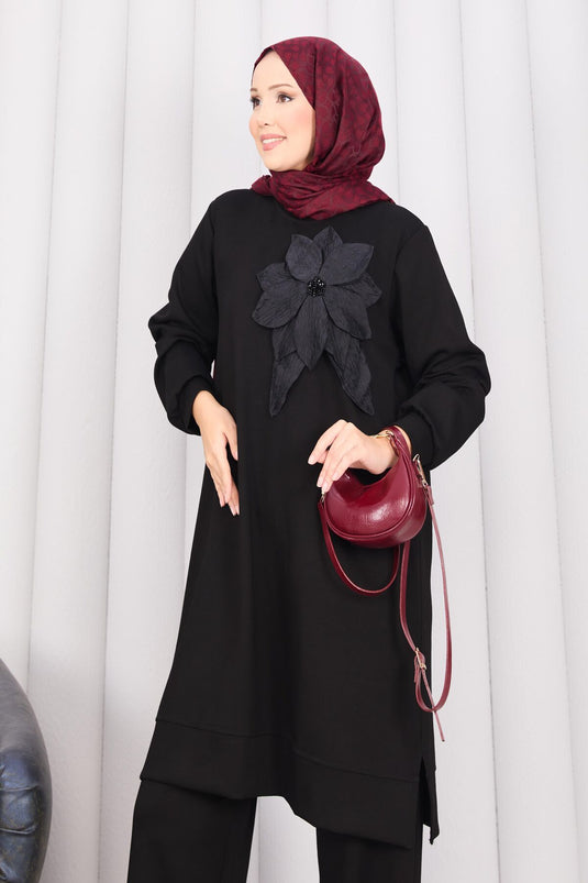 Embroidered Embossed Floral Modest Fashion Set Black