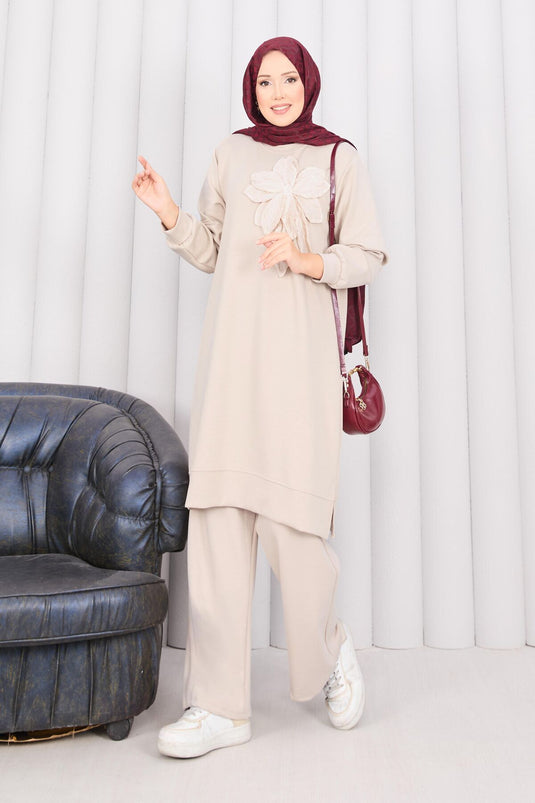 Stone Embroidered Embossed Floral Hijab Set Stone