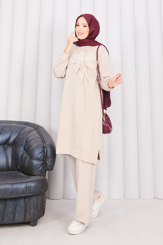 Stone Embroidered Embossed Floral Hijab Set Stone