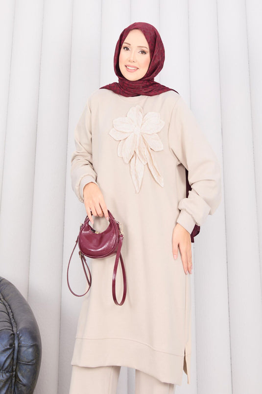 Stone Embroidered Embossed Floral Hijab Set Stone