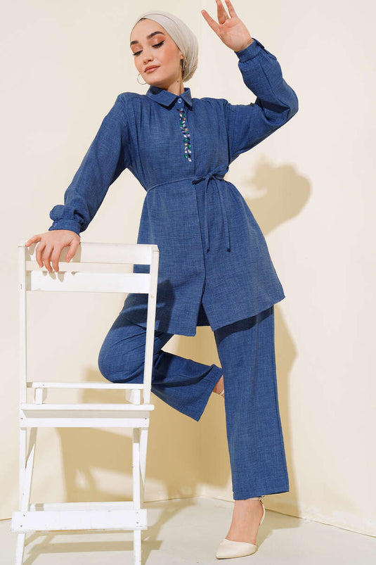 Taş İşlemeli Keten İkili Takım İndigo