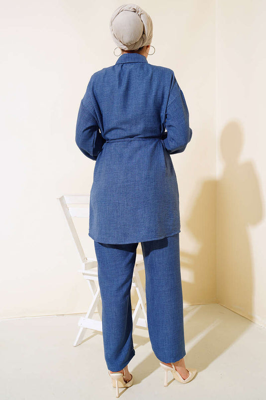 Taş İşlemeli Keten İkili Takım İndigo