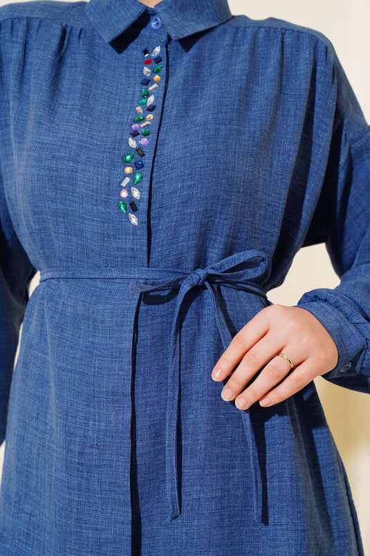 Taş İşlemeli Keten İkili Takım İndigo