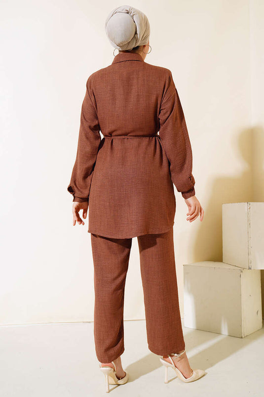 Taş İşlemeli Keten İkili Takım Kahve