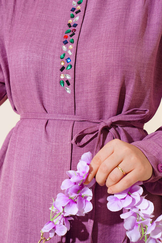 Stone Embroidered Linen Two Piece Set Magenta