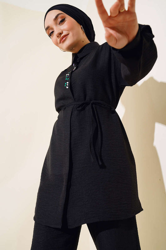 Taş İşlemeli Keten İkili Takım Siyah