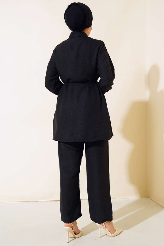 Taş İşlemeli Keten İkili Takım Siyah