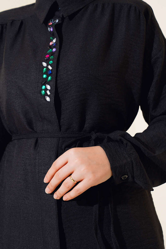 Taş İşlemeli Keten İkili Takım Siyah