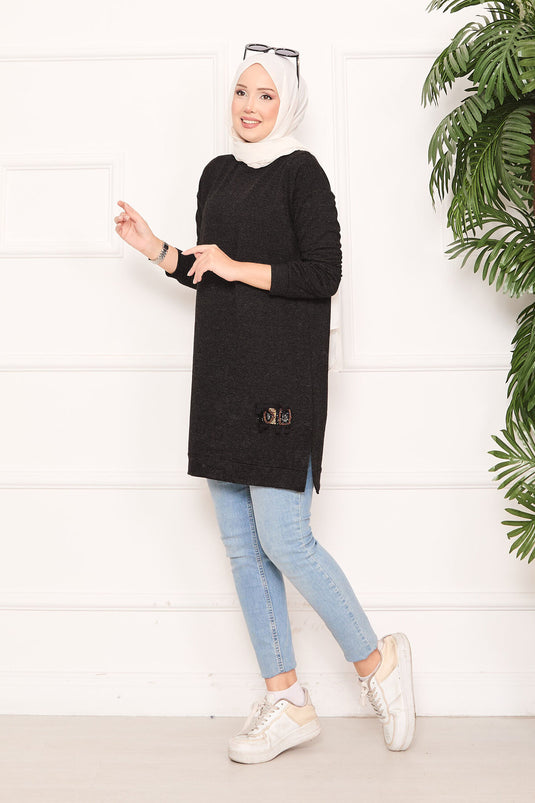 Stone Embroidered Pompom Hijab Tunic Anthracite