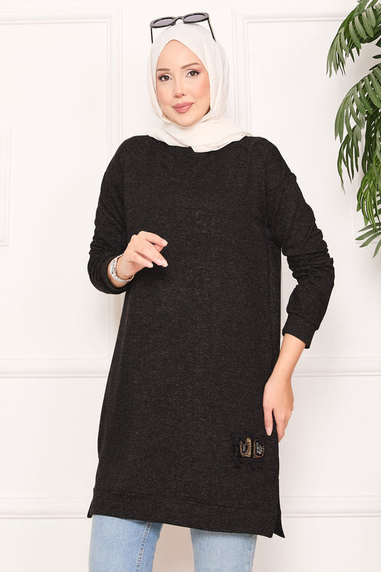 Stone Embroidered Pompom Hijab Tunic Anthracite