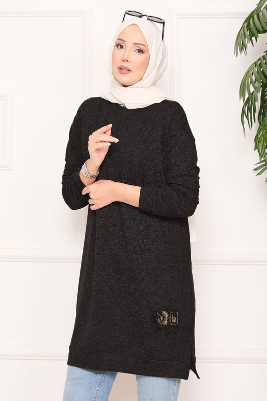 Stone Embroidered Pompom Hijab Tunic Anthracite