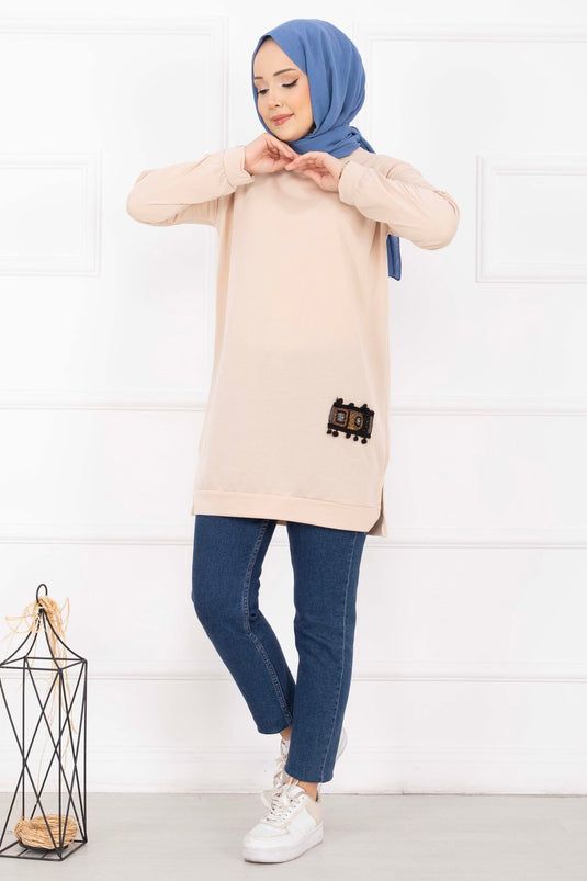 Taş İşlemeli Ponponlu Tesettür Tunik Bej