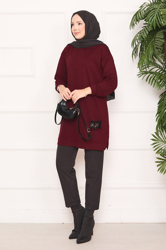 Stone Embroidered Pompom Hijab Tunic Burgundy