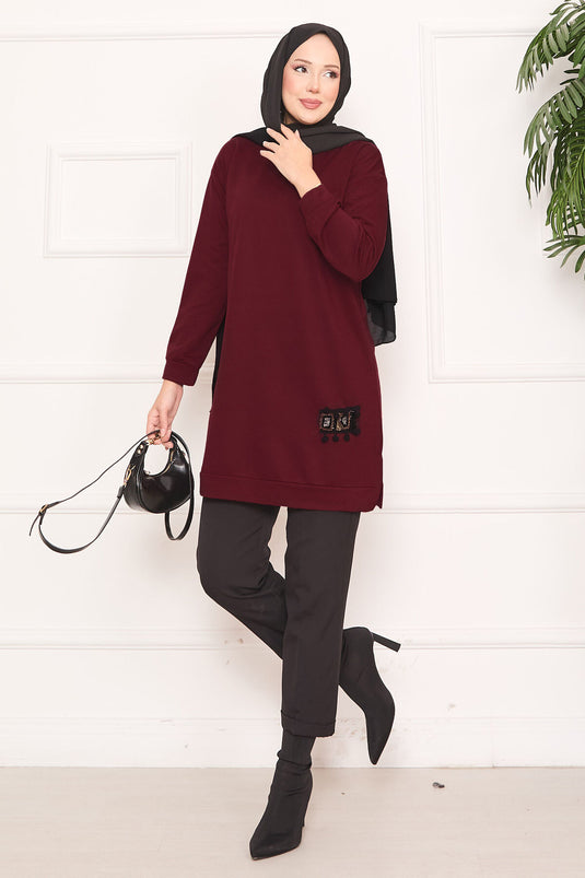 Stone Embroidered Pompom Hijab Tunic Burgundy