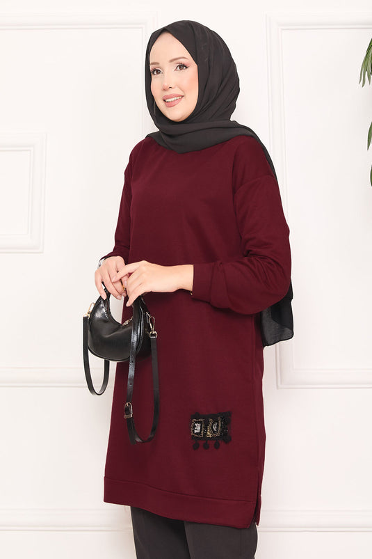 Stone Embroidered Pompom Hijab Tunic Burgundy