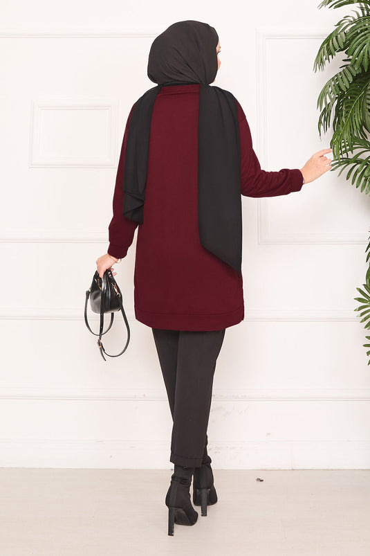 Stone Embroidered Pompom Hijab Tunic Burgundy