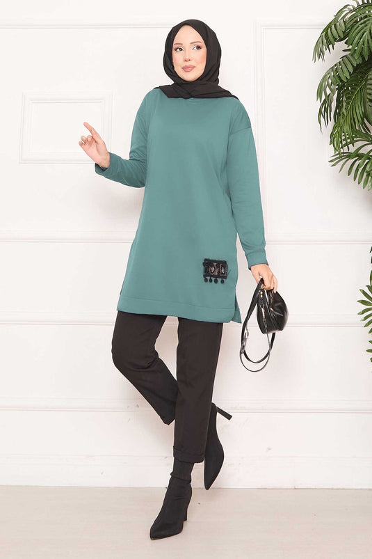 Stone Embroidered Pompom Hijab Tunic in Almond Green