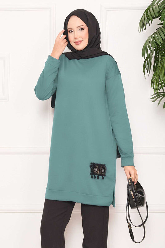 Stone Embroidered Pompom Hijab Tunic in Almond Green