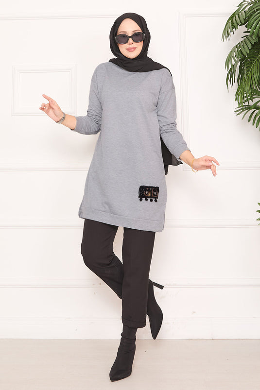 Stone Embroidered Pompom Hijab Tunic Gray