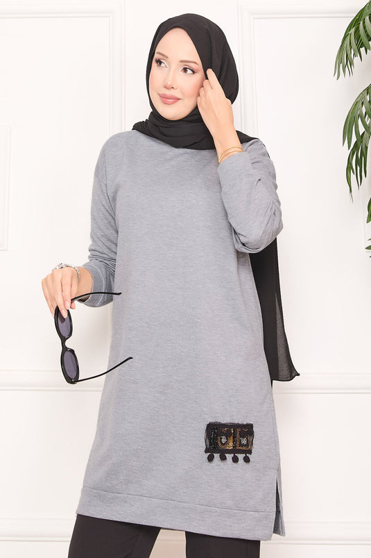 Stone Embroidered Pompom Hijab Tunic Gray