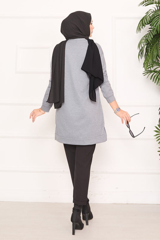 Stone Embroidered Pompom Hijab Tunic Gray