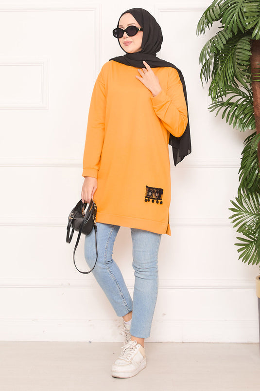 Stone Embroidered Pompom Hijab Tunic Mustard