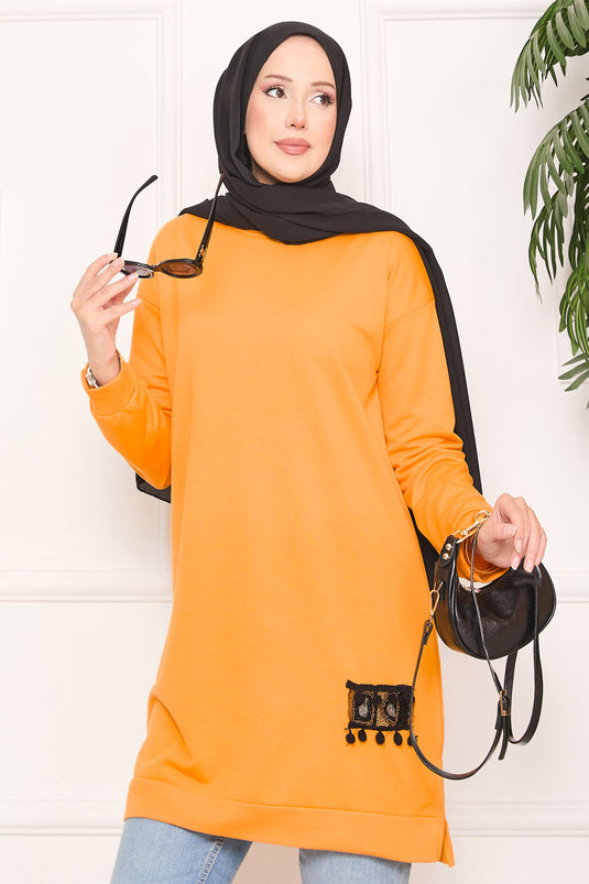 Stone Embroidered Pompom Hijab Tunic Mustard