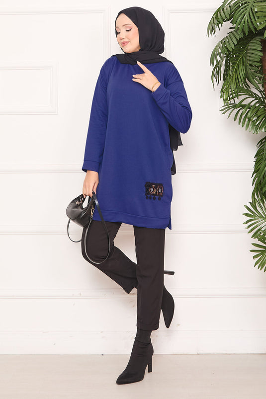 Stone Embroidered Pompom Hijab Tunic Indigo