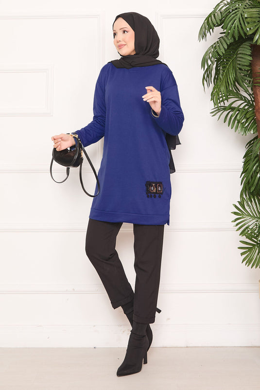 Stone Embroidered Pompom Hijab Tunic Indigo