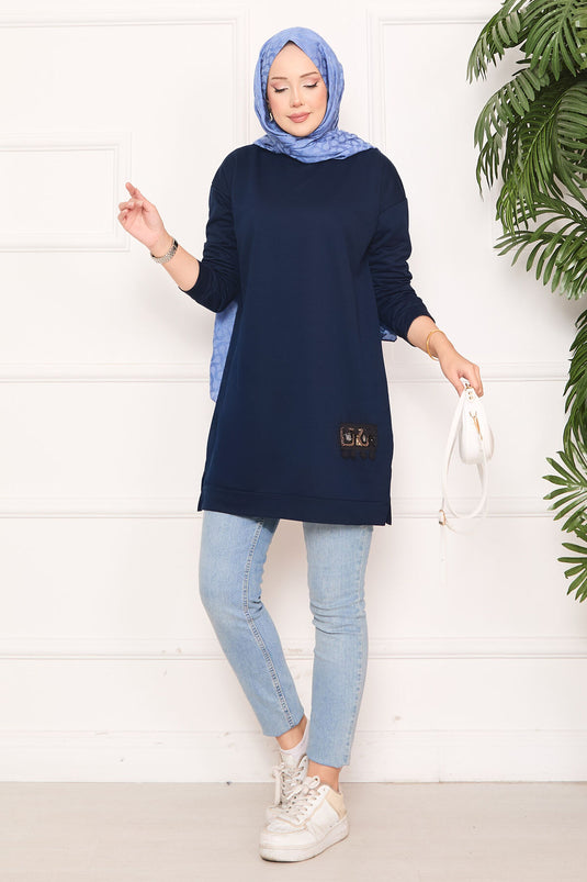 Stone Embroidered Pompom Hijab Tunic Navy Blue