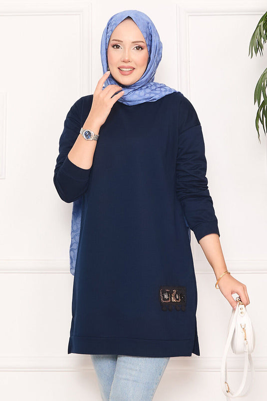 Stone Embroidered Pompom Hijab Tunic Navy Blue