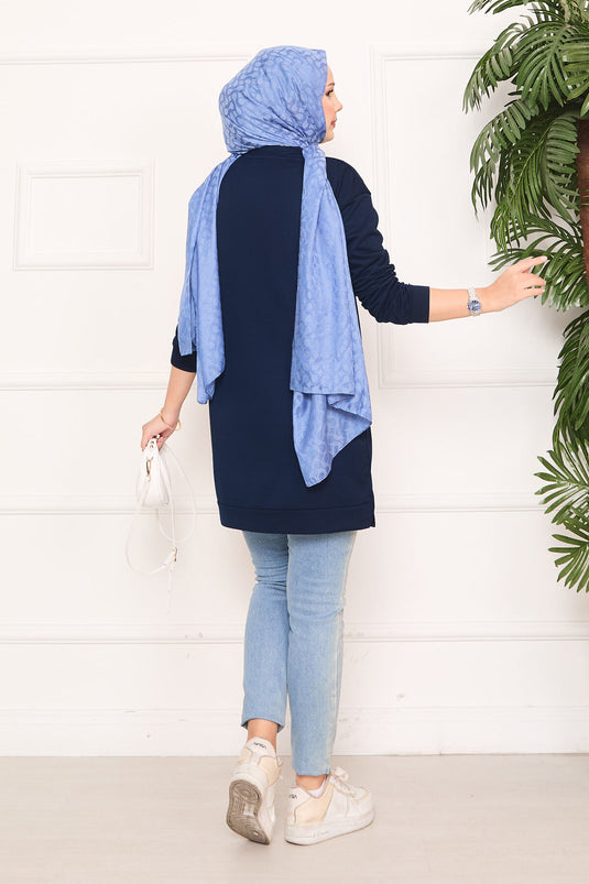 Stone Embroidered Pompom Hijab Tunic Navy Blue