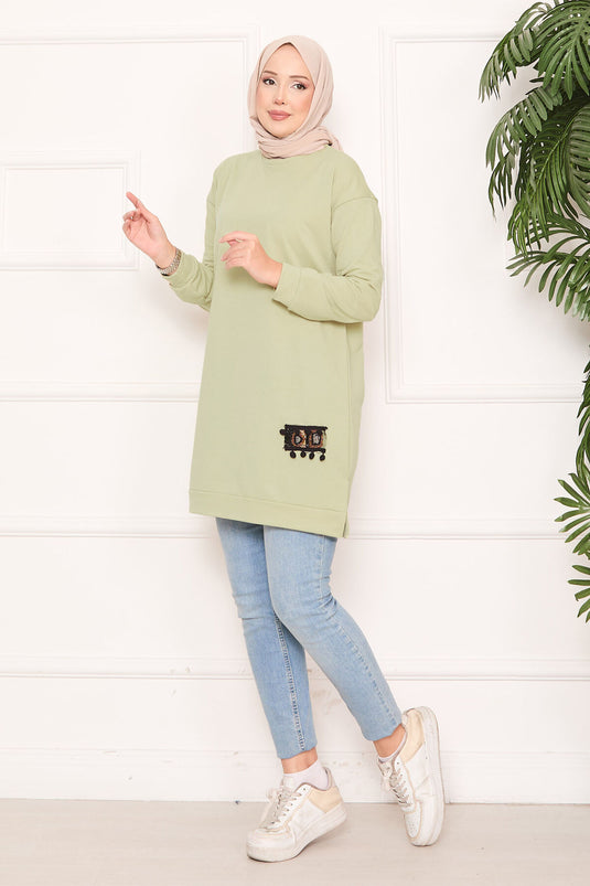 Stone Embroidered Pompom Hijab Tunic Mint