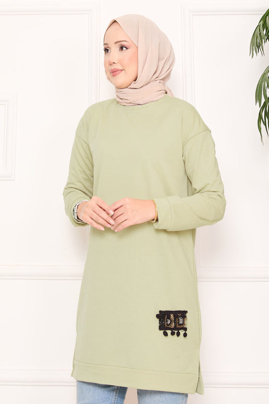 Stone Embroidered Pompom Hijab Tunic Mint