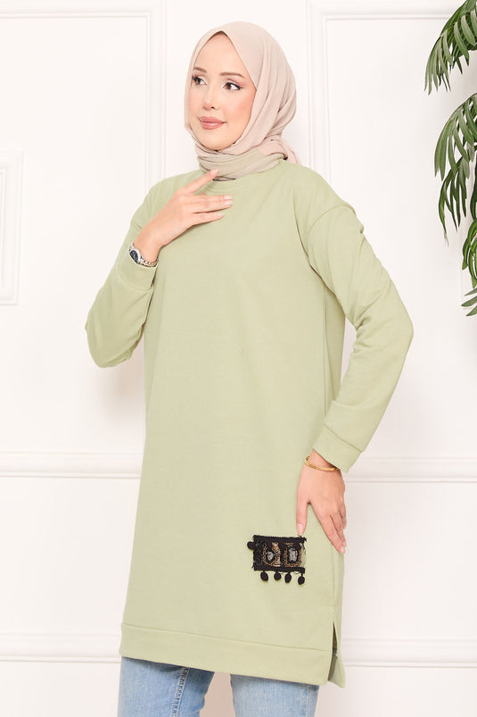 Stone Embroidered Pompom Hijab Tunic Mint