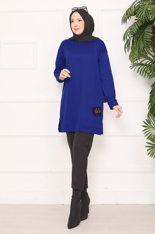 Stone Embroidered Pompom Hijab Tunic Saxe