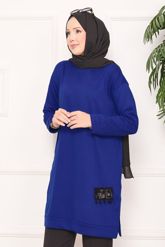 Stone Embroidered Pompom Hijab Tunic Saxe