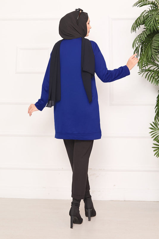 Stone Embroidered Pompom Hijab Tunic Saxe