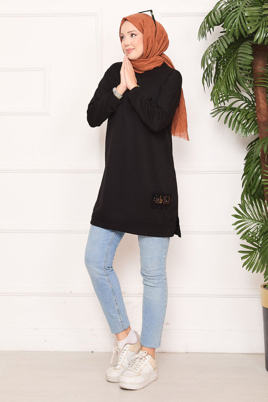 Stone Embroidered Pompom Hijab Tunic Black