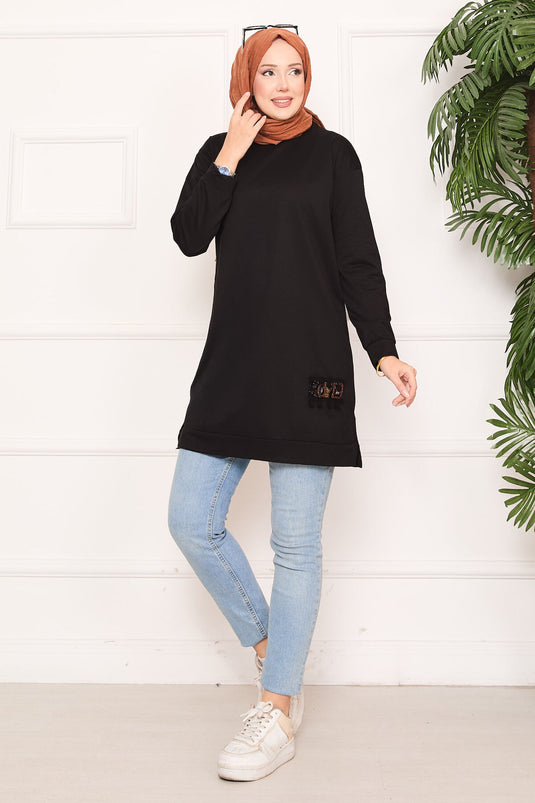 Stone Embroidered Pompom Hijab Tunic Black